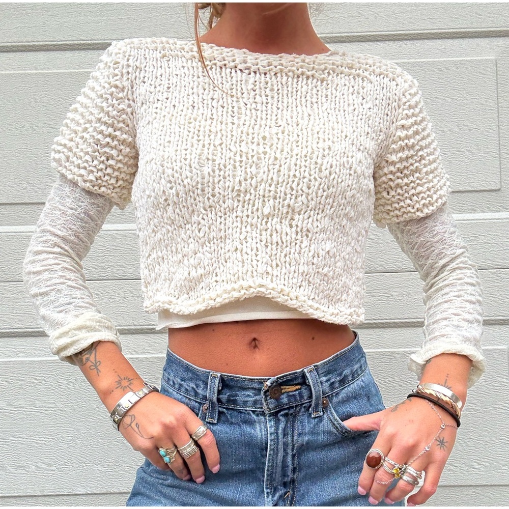 Vintage White Knit Cropped Short Sleeve Sz XS